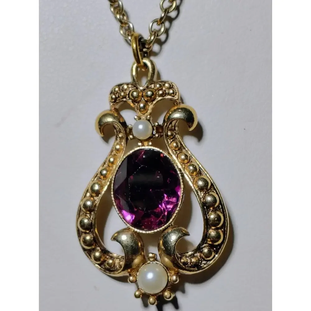 Vintage Avon Purple Crystal Faux Pearl Gold Tone Pendant Necklace